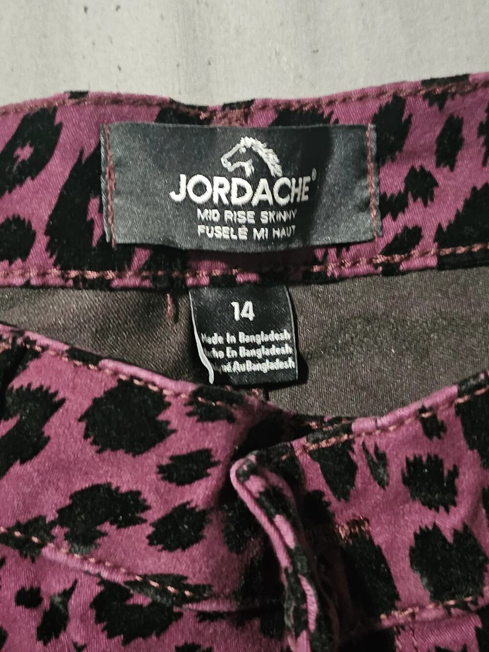 Jordache purple leopard print mid rise skinny jeans five pocket zip fly